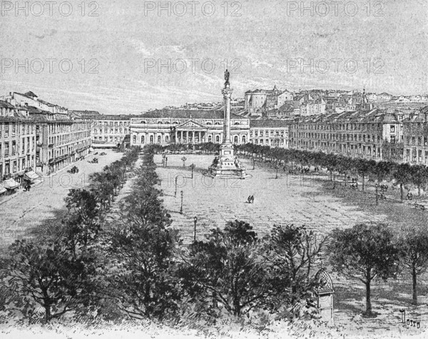 Praça Dom Pedro IV, Crown Prince Square, Lisbon, city view, park, fountain, trees, paths, people,