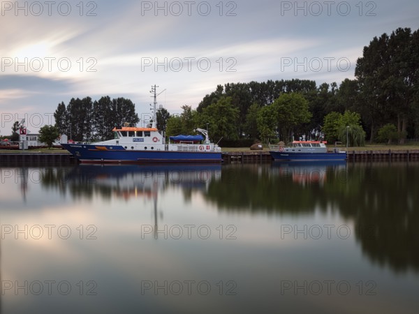 Two police boats, Damerow and Uecker, water police, long exposure, marina, fishing port Karlshagen,