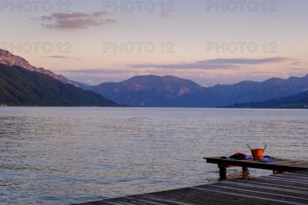 Sunset, jetty at the lido Weyregg am Attersee with Schafberg, Salzkammergut, Upper Austria,