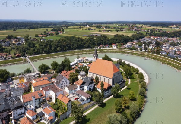 Drone shot, collegiate church, Laufen an der Salzach, Rupertiwinkel, Upper Bavaria, Bavaria,