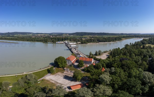 Drone shot, Inn power plant Ering Frauenstein, Frauenstein Castle, Mining, Inn, Innviertel, Upper