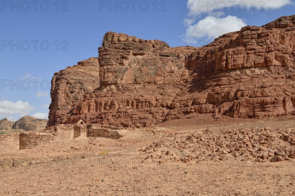 Islamic period buildings in front of the rocks of Dadan or Dedan, near AlUla, Medina Province,