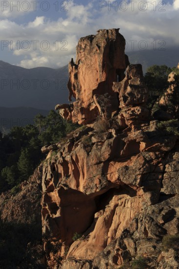 Bizarre red rock landscape in the evening light, Calanques de Piana, Corsica, France, Europe