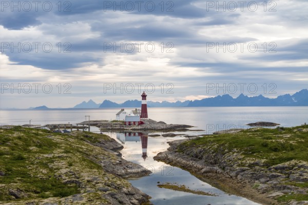 Tranoy Fyr Lighthouse, Tranøy Fyr, Lofoten in the back, Hamarøy, Ofoten, Vestfjord, Nordland,
