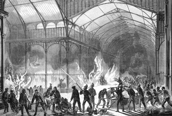 The fire of the central market halls on the night of 11 July 1869, Paris, France, Historical,