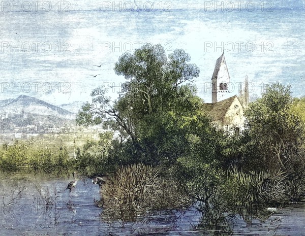 View of Lake Zurich, Lake Zurich, the island of Ufenau where Ulrich von Hutten's grave is located,