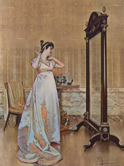 Jewellery, elegant woman trying on a new necklace at home in front of the mirror, 1880, England,
