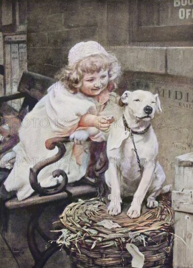 Little Girl Gives a Biscuit to the House Dog, 1880, Germany, Historic, digitally restored