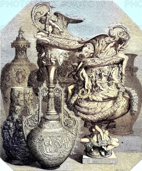 Ceramics, Vases at the Universal Exhibition 1855, Paris, France, Historic, digitally restored