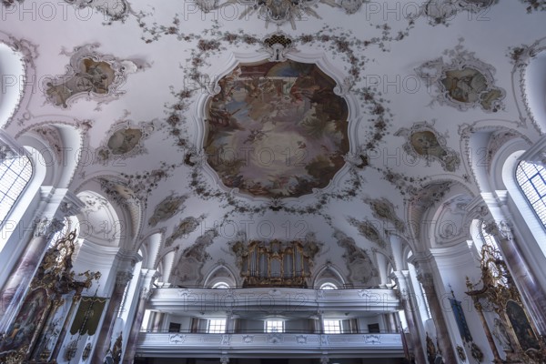 Organ loft in the baroque church of St. Andrew, Nesselwang, Bavaria, Germany, Europe