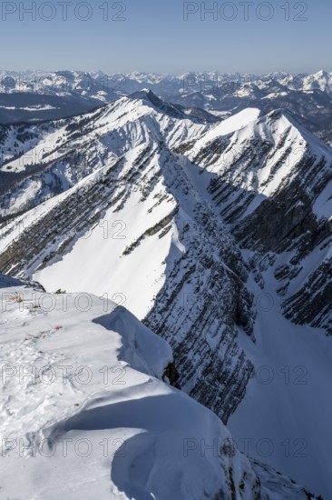 Mountains in winter, view of Vorderlahner Kopf from Sonntagshorn, Chiemgau Alps, Bavaria, Germany,