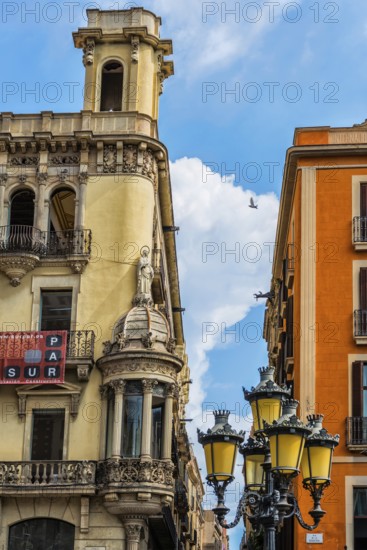 House and street lamp in the old town, Barcelona, Spain, Europe