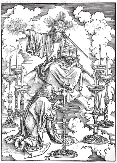 Picture cycle The Apocalypse, St. Johns vision of Christ and the seven candlesticks, woodcut by