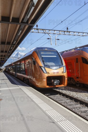Railway passenger trains of the type Stadler Flirt of the Südostbahn at Arth-Goldau station,