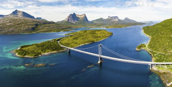 Fjord with islands in front of Bergen, Mount Stortinden, bridge over Kjerringstraumen, Efjord,
