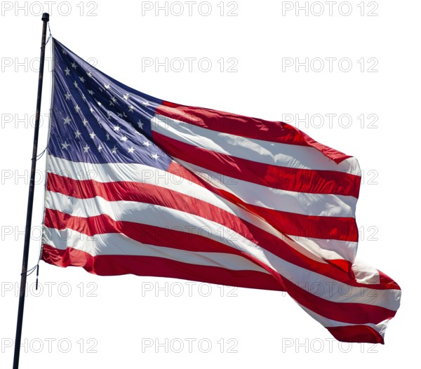 American flag waving in the wind isolated on white