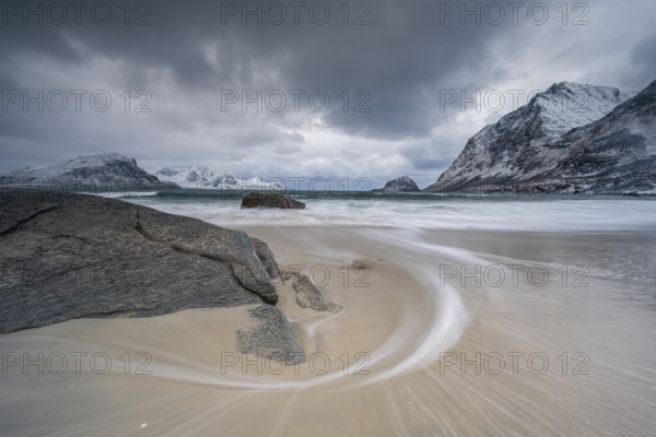 Coast with islands and mountains, Haukland beach, Vestvågøya, Lofoten, Norway, Europe