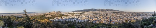 View from Philopappos Hill over the city, panorama of the Parthenon Temple and Herod's