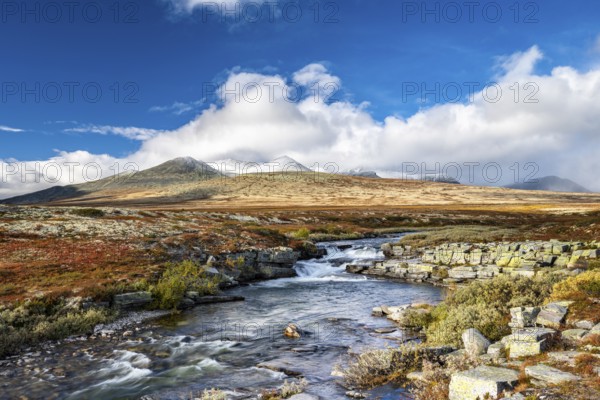 Autumnal mountain landscape with river Store Ula, Rondane National Park, Norway, Europe