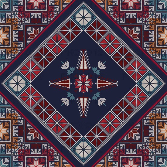Decorative Palestinian seamless pattern in colors, traditional Tatreez embroidery, vector