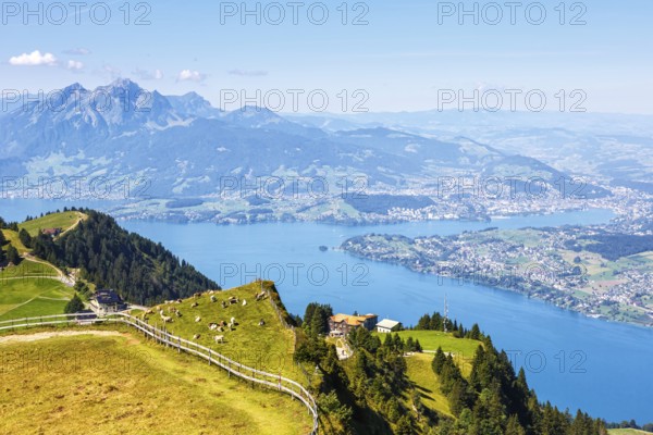 View from Mount Rigi to the city of Lucerne, Lake Lucerne and Pilatus Alps mountains in Rigi,