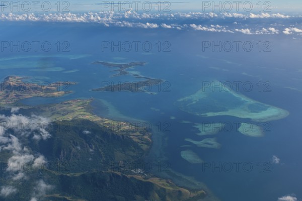 Aerial of little islets of the coast of Viti Levu, Fiji, South Pacific, Oceania