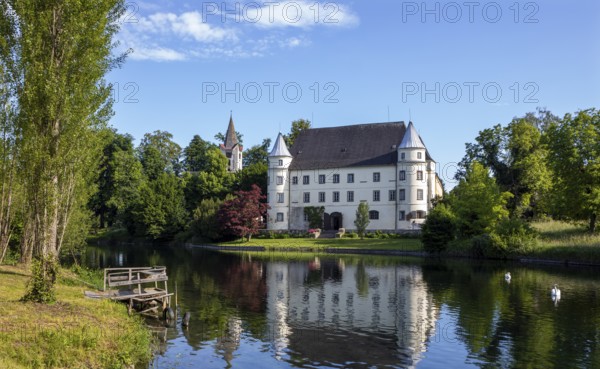Drone shot, Renaissance castle, Hagenau Castle, Mattig estuary, Sankt Peter am Hart, Innviertel,