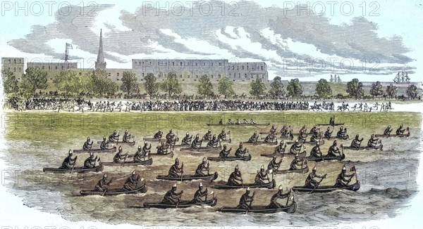 Great Regatta of Madras, Canoes, 1869, India, Historic, digitally restored reproduction of a 19th