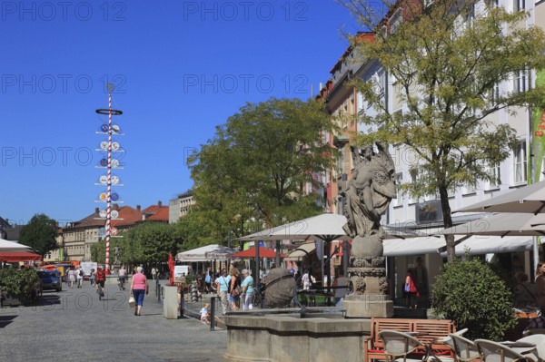 In the city centre of Bayreuth, the Famabrunnen and guild tree in the pedestrian zone, Bayreuth,