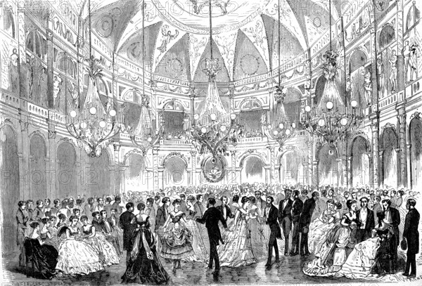 Ball at the Grand Hotel, for the benefit of unemployed workers, Paris, 1869, France, Historic,