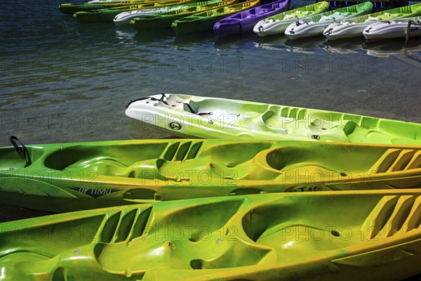 Colourful canoes in the boat harbour in Esparron-de-Verdon, Lac d Esparron, Provence-Alpes-Côte
