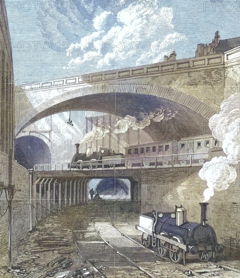 The Metropolitan Railway in 1869, railway, here Farringdon station in London, England, Historic,