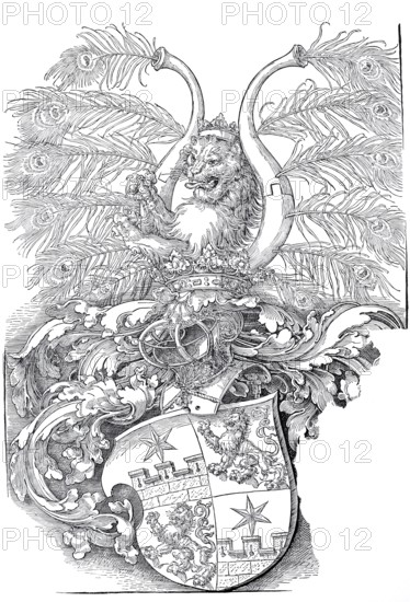 The Coat of Arms of the Roggendorfer, woodcut by Albrecht Dürer, historical, digitally improved