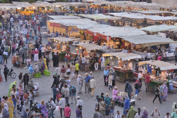 Food stalls at Djemaa el Fna market square, historic center, Marrakesh, Marrakesh-Tensift-El Haouz