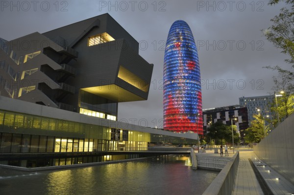 Torre Agbar, architect Jean Nouvel, at dusk, Avinguda Diagonal, Barcelona, ??Catalonia, Spain,