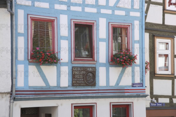 Window of the house where Philipp Reis was born with inscription and half-timbering, Langgasse,