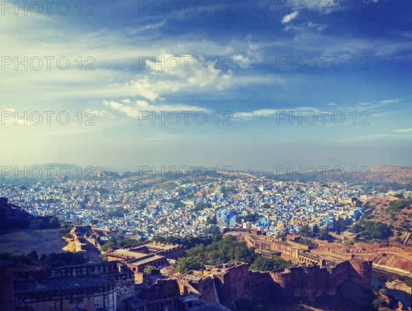 Vintage retro effect filtered hipster style panorama image of Jodhpur, known as Blue City due to