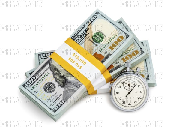Time is money loan concept background, stopwatch and stack of new 100 US dollars 2013 edition