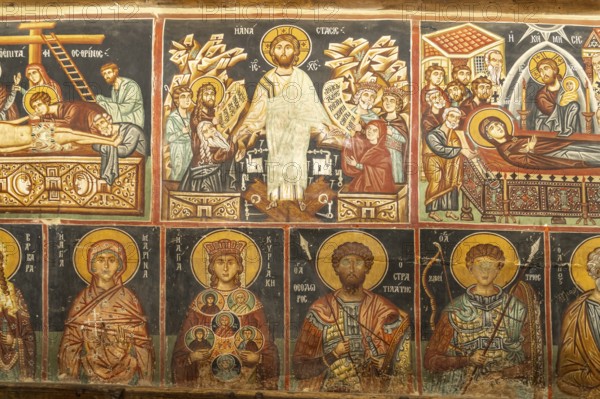 The painted interior of the barn-roofed Church of Archangelos Michail or Church of St. Michael the
