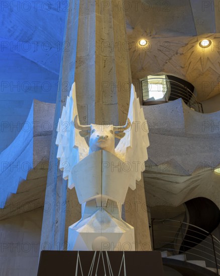 Modern sculptures of the Evangelists in the Sagrada Familia, Barcelona, Catalonia, Spain, Europe
