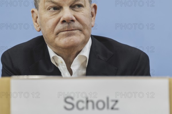 Olaf Scholz (SPD), Federal Chancellor, recorded at a federal press conference on current domestic