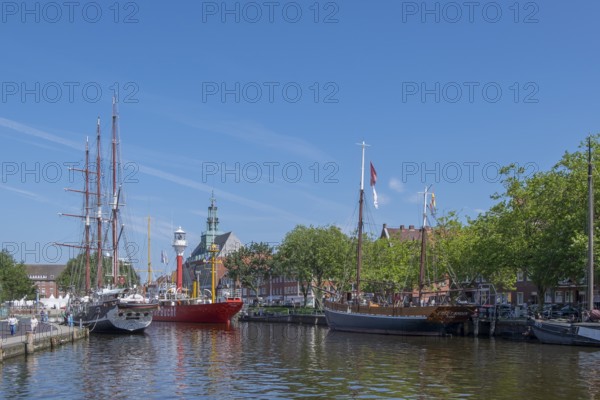 Ratsdelft with museum ships, Emden, East Frisia, Lower Saxony, Germany, Europe