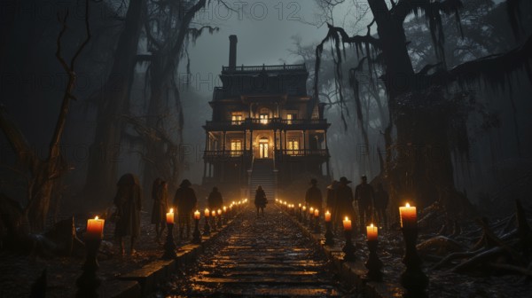 Silhouette of several people walking down the lantern lit walkway on halloween night toward a
