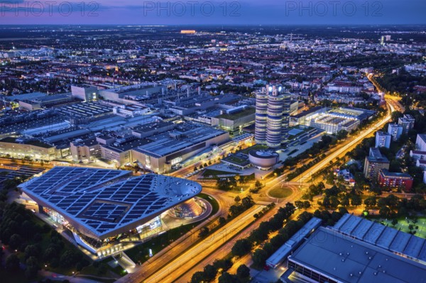 MUNICH, GERMANY, JULY 08, 2018: Aerial view of BMW Museum and BWM Welt and factory and Munich from