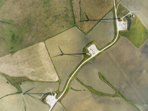 Windmills on a wind farm near Zahara de los Atunes, aerial view, drone shot, Cádiz province,