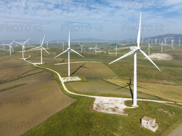 Windmills on a wind farm near Zahara de los Atunes, aerial view, drone shot, Cádiz province,