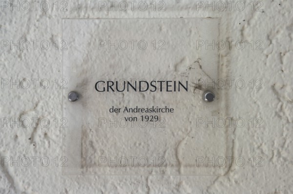 Information board foundation stone, Protestant St. Andrew's Church, writing, letters, Eningen unter
