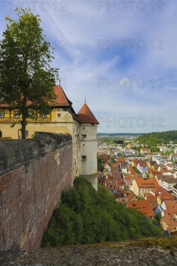 Old annexe with tower of the north gate, Hellenstein Castle, view of Heidenheim town, historical