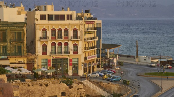 Morning light, houses at the harbour, roundabout, cars, harbour, Heraklion, capital, island of