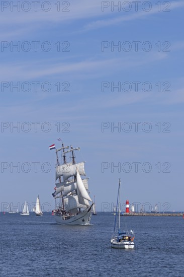 Sailing ship, pier light, Unterwarnow, Hanse Sail, Warnemünde, Rostock, Mecklenburg-Western